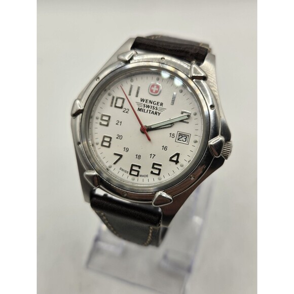 Wenger Swiss Military Men's 43mm Silver Tone Watch. New Leather Band + Battery - Picture 13 of 14